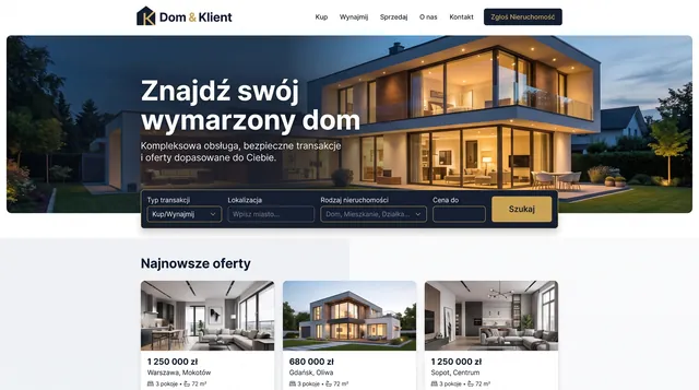 Strona biura nieruchomości Dom & Klient: wyszukiwarka ofert i najnowsze domy z cenami