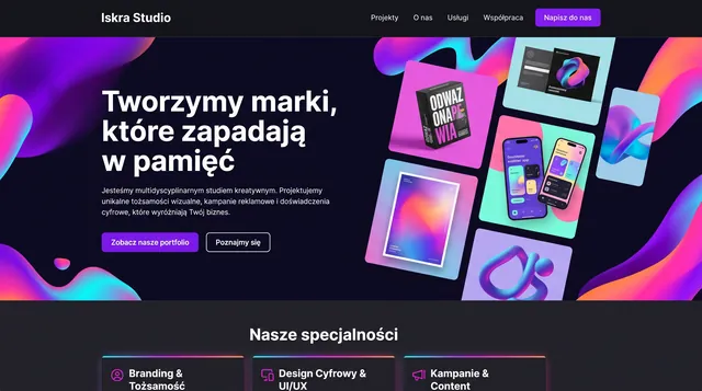 Strona studia kreatywnego Iskra Studio: ciemny motyw, kolorowe grafiki i lista specjalności